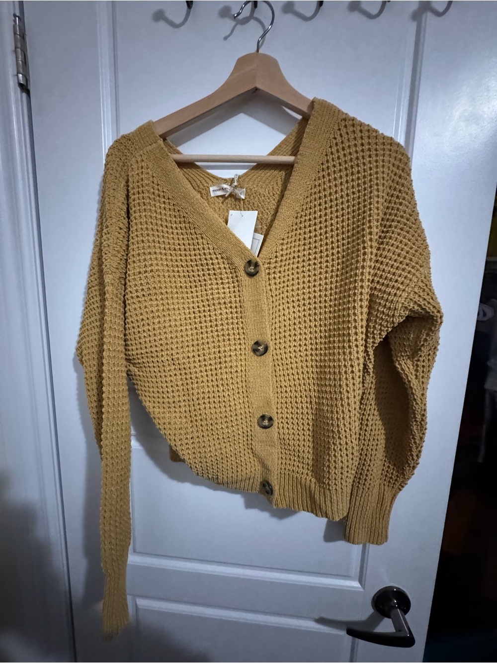 moon & madison Mustard Waffle Knit V-Neck Cardigan
